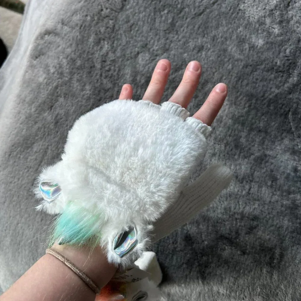 White Fluffy Fingerless Gloves with Unicorn Accents